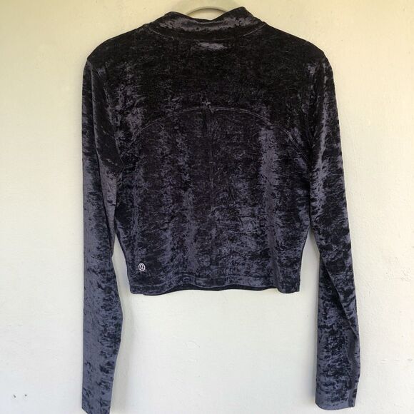 Lululemon All Aligned Mock Neck Top 10 Black Crushed Velvet Velour Crop Shirt - Picture 4 of 11
